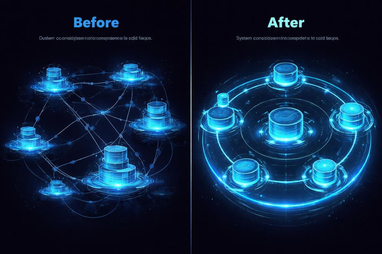 Before and after comparison of a futuristic network design with glowing blue elements.
