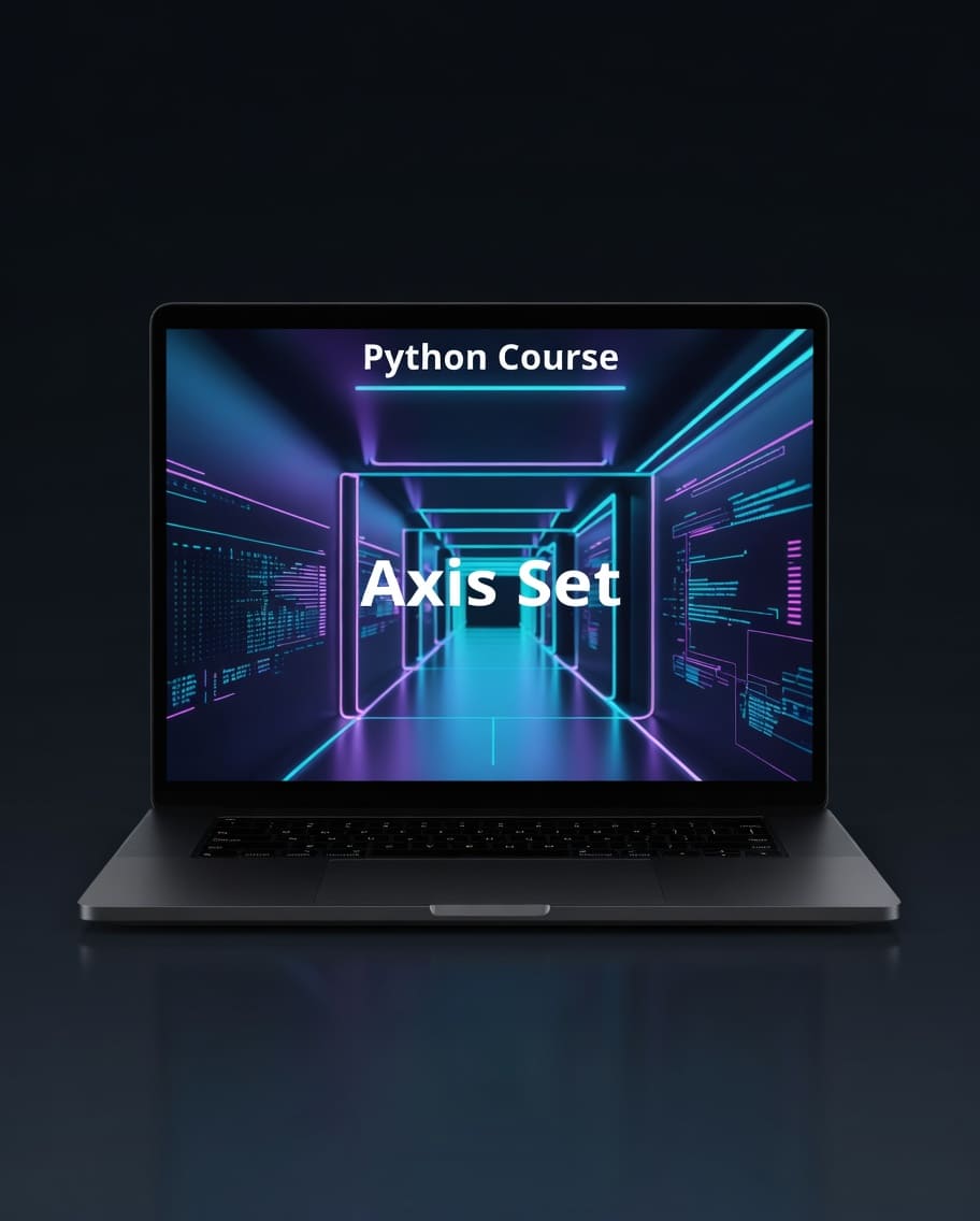Laptop displaying a Python course with a futuristic corridor design on the screen.