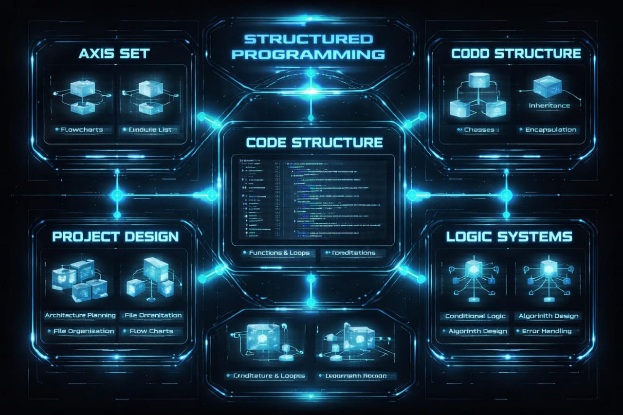 Diagram of structured programming concepts with various components on a dark background