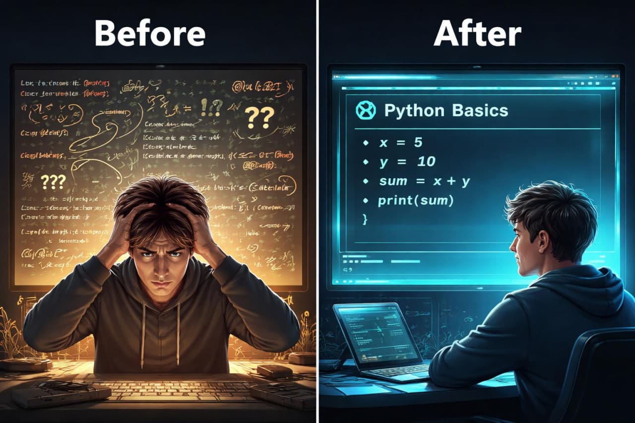 Before and after comparison of a person struggling with math problems and then learning Python programming.