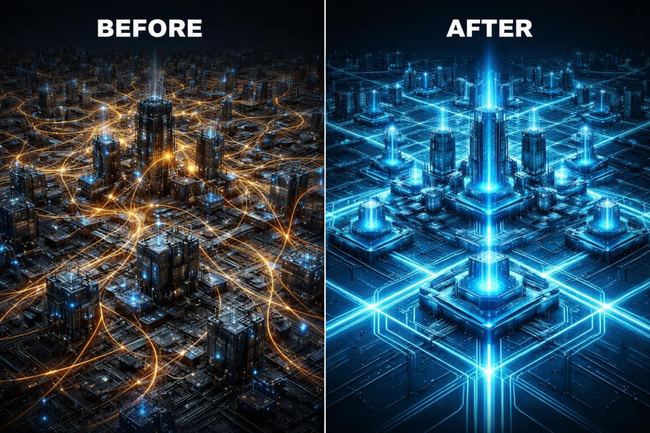 Before and after comparison of a cityscape and futuristic circuit board design.