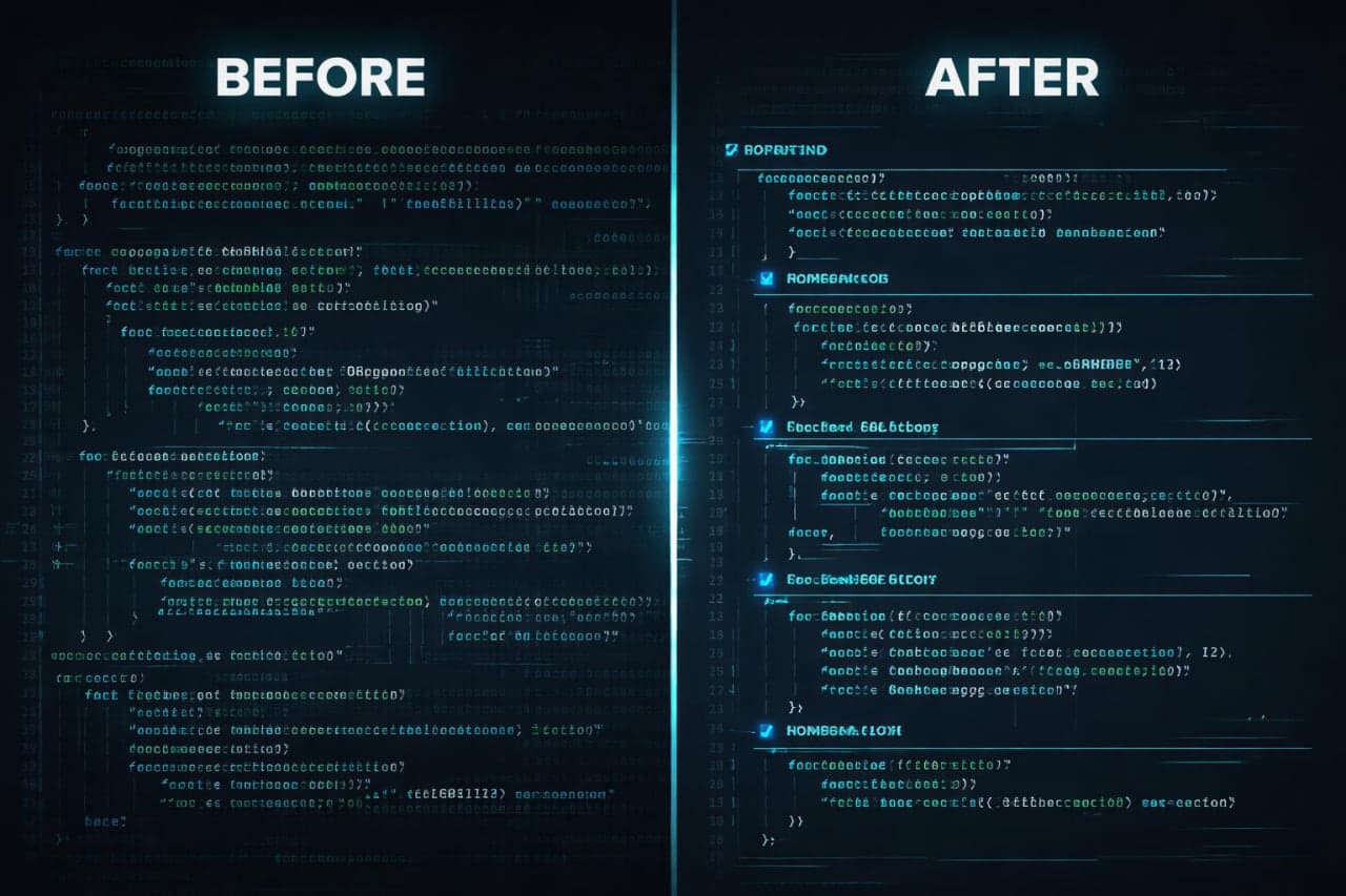 Comparison of code 'Before' and 'After' on a dark background with technical details.