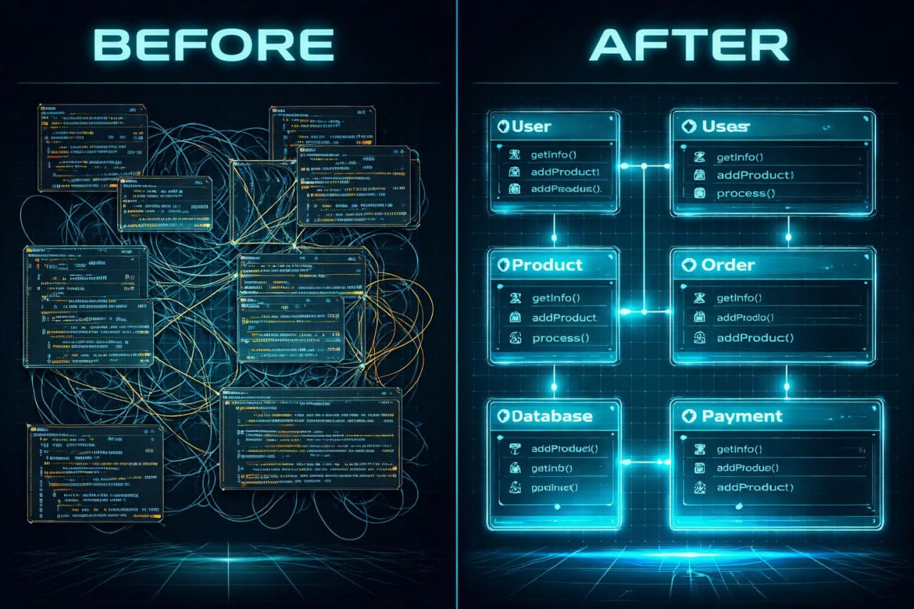 Comparison of complex code structure labeled 'Before' and simplified diagram labeled 'After' on a dark background.