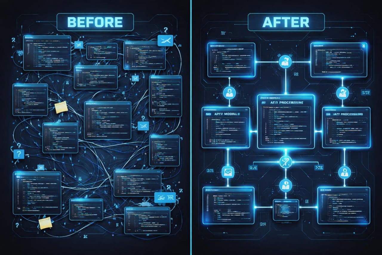 Before and after comparison of a complex system diagram with glowing blue elements.