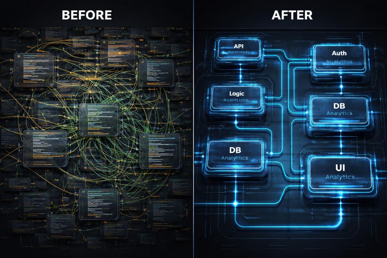Comparison of a complex system layout labeled 'Before' and a simplified system layout labeled 'After' with blue glowing elements.