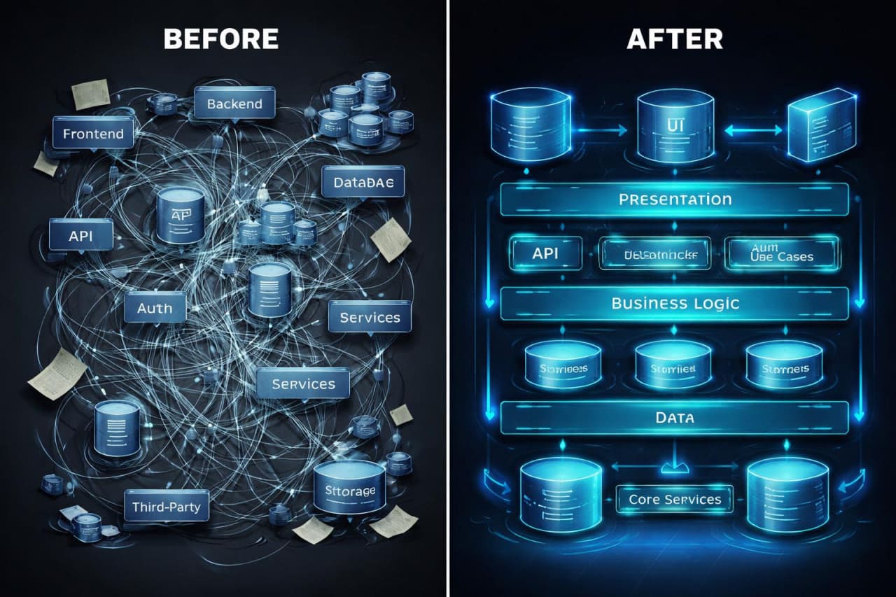 Before and after comparison of a complex system architecture diagram.