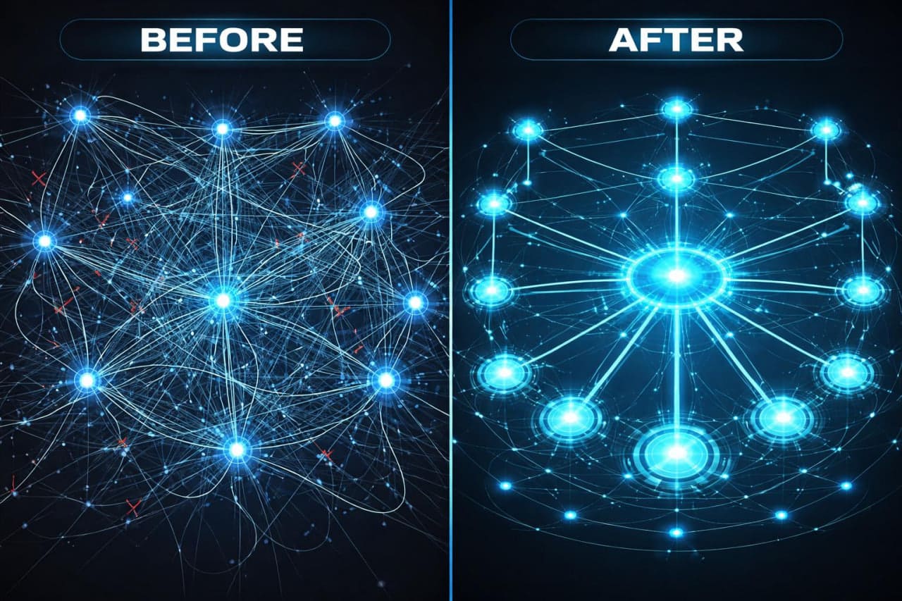 Before and after comparison of a network diagram with blue glowing nodes and connections.
