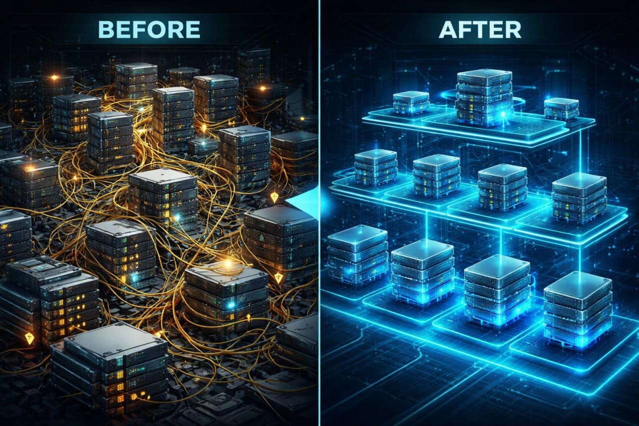 Before and after comparison of a network of servers with glowing blue lines.