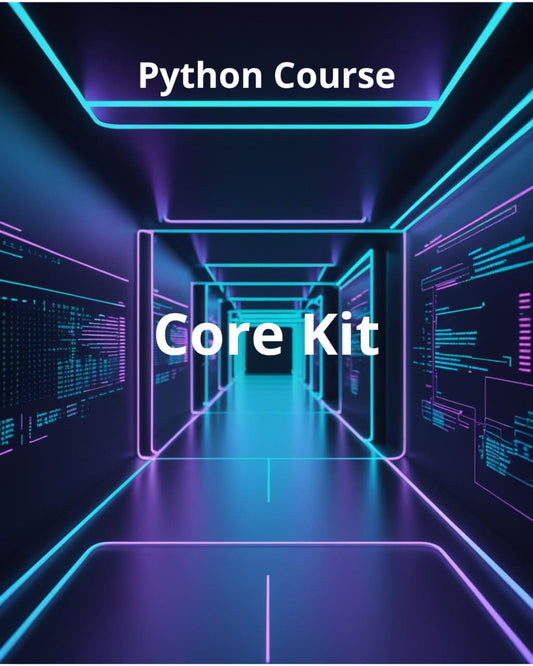Python Course Core Kit with futuristic corridor design on a dark background