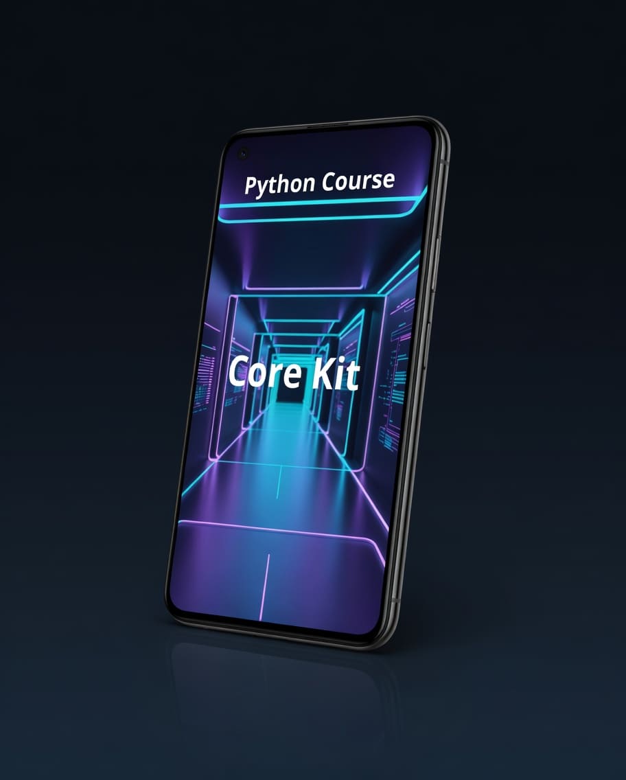 Phone displaying 'Python Course Core Kit' on a dark background