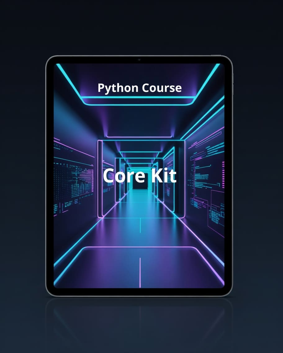Tablet displaying a Python Course Core Kit with a futuristic corridor design on the screen.