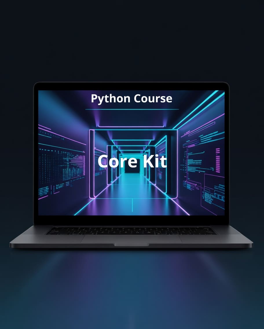 Laptop displaying a Python Course Core Kit with a futuristic tunnel design on the screen.
