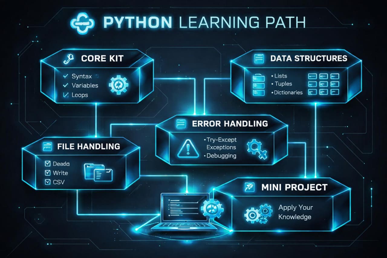 Diagram of a Python learning path with various components on a dark background