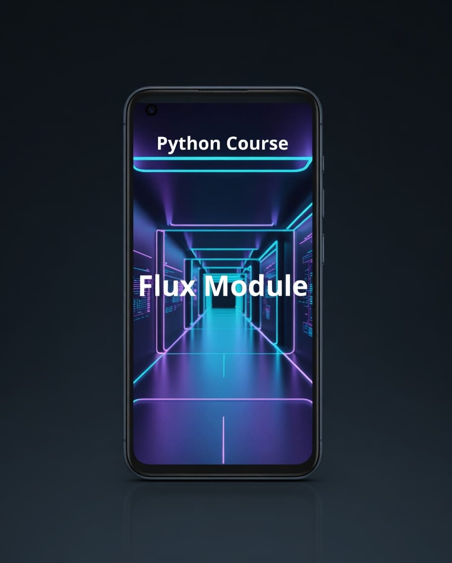 Phone screen displaying 'Python Course Flux Module' with a futuristic corridor design.