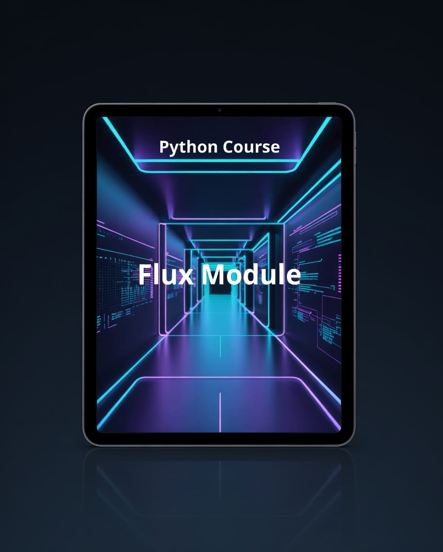 Tablet displaying 'Python Course Flux Module' on a dark background