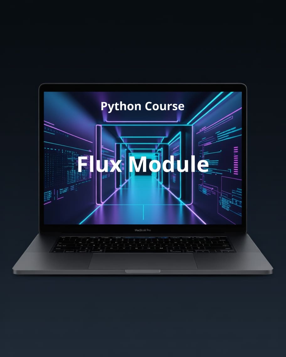 Laptop displaying a Python Course with Flux Module on a dark background