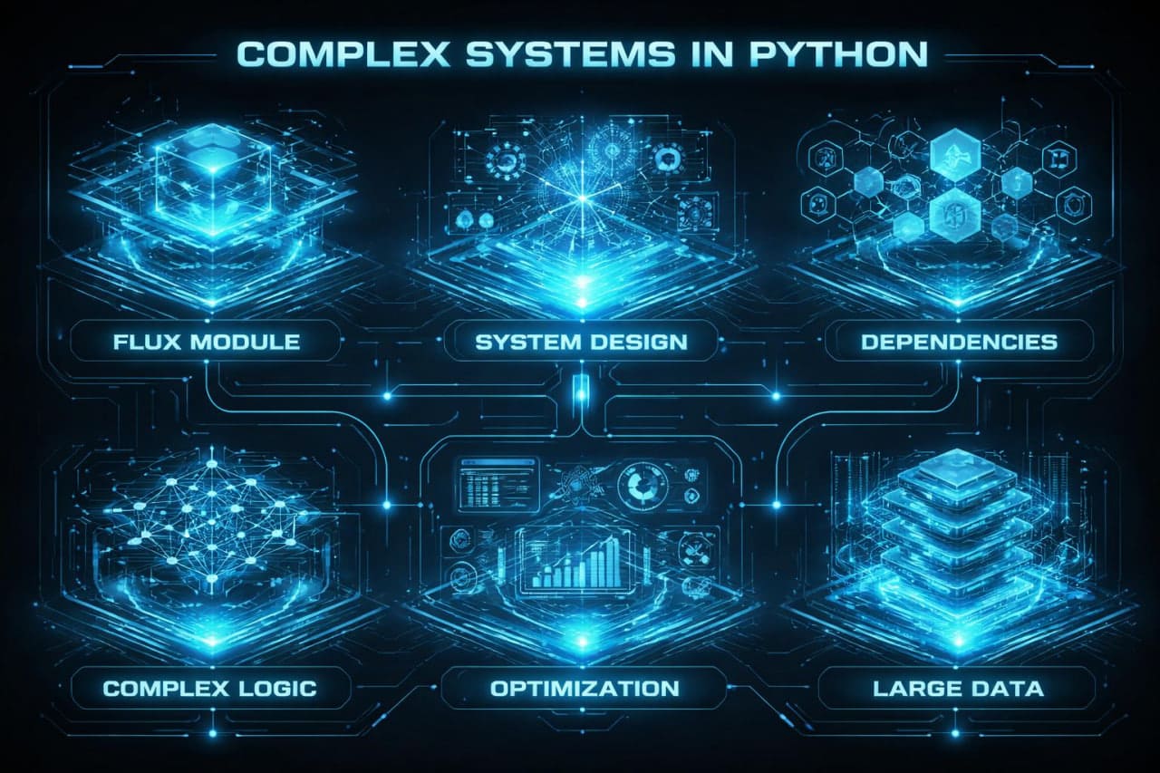 Diagram of complex systems in Python with modules and concepts highlighted.