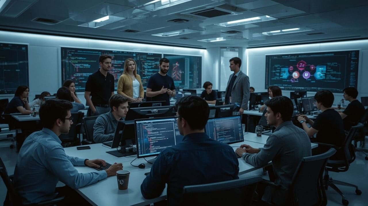Control room with multiple people working on computers and monitors.