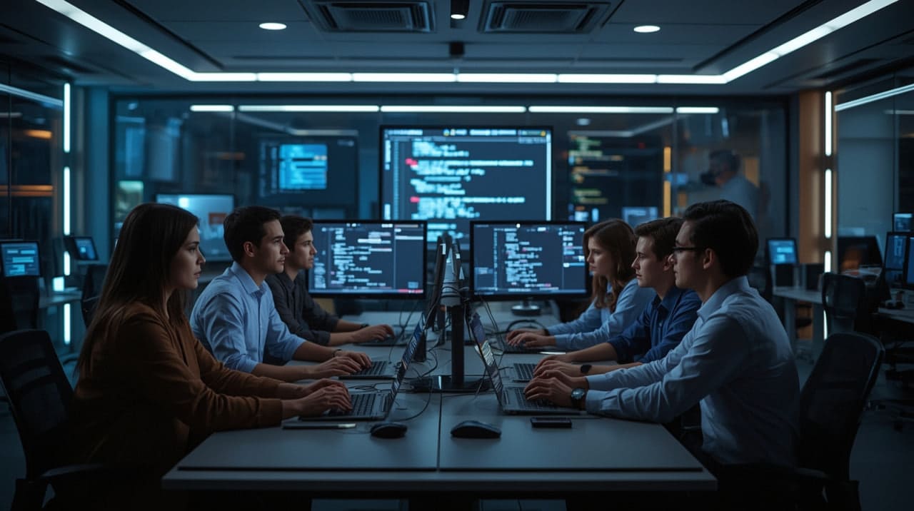 Team of professionals working in a dark control room with multiple computer monitors.