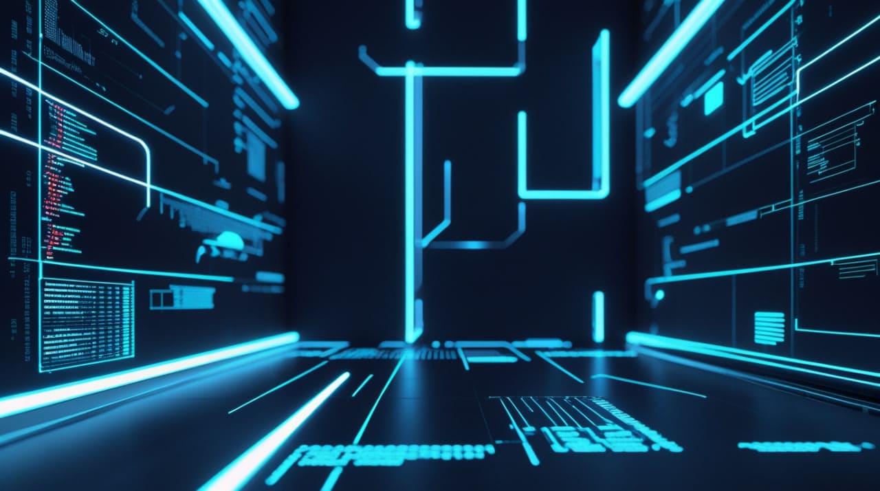 Futuristic digital interface with glowing blue lines and screens.