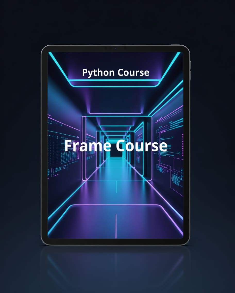 Digital tablet displaying a Python course frame with a futuristic corridor design on a dark background.