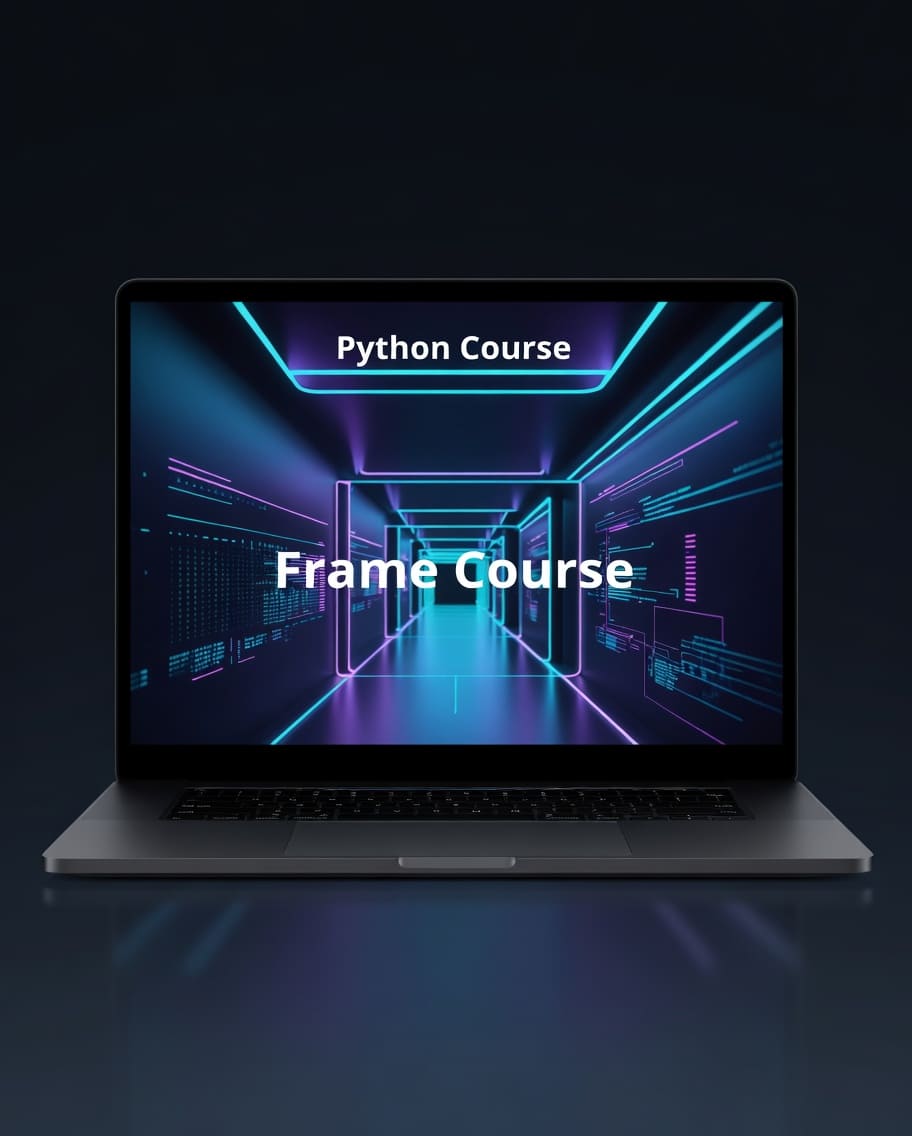 Laptop displaying a Python Course Frame Course on a dark background