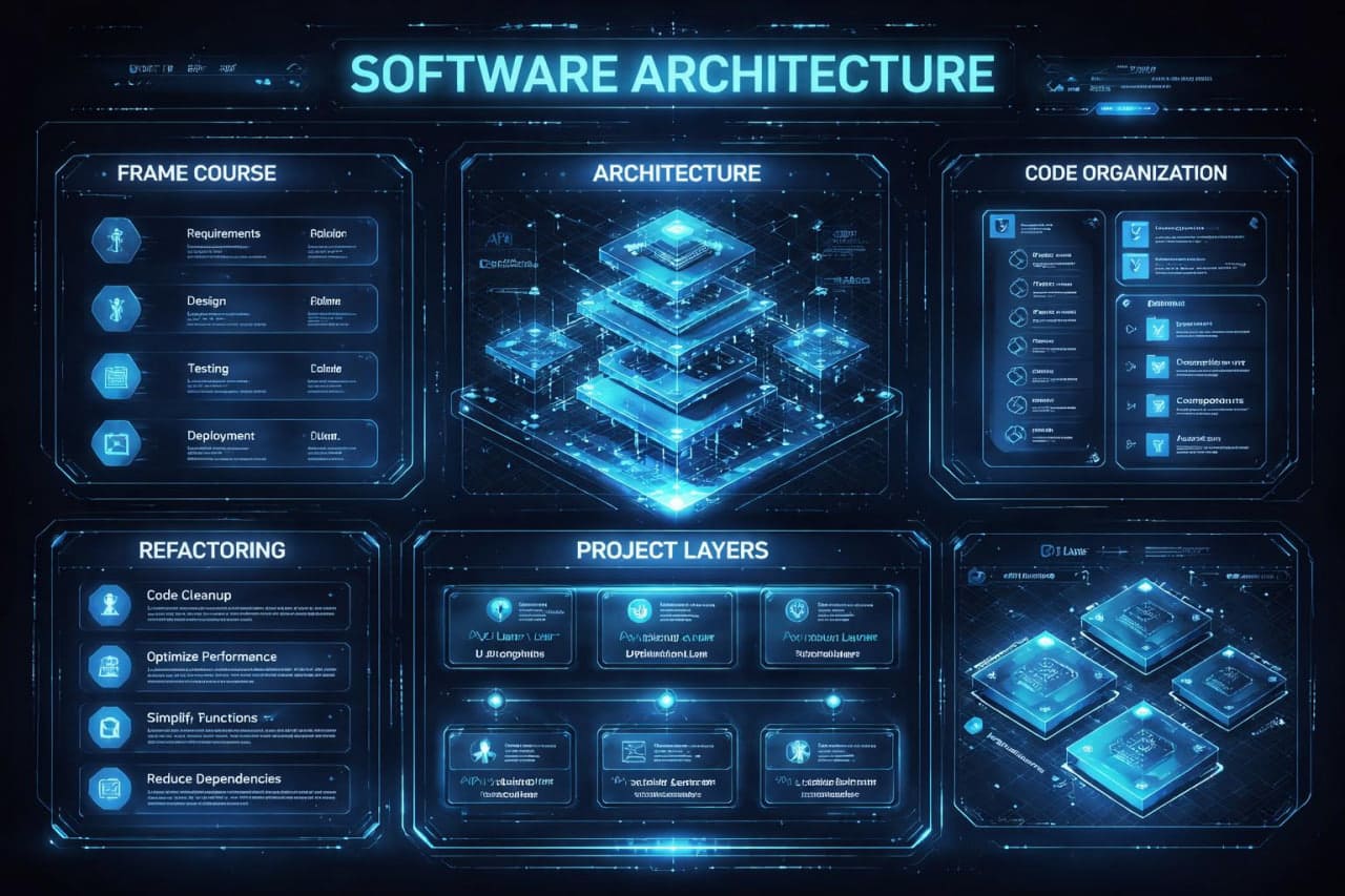Software architecture diagram with futuristic design elements on a dark background
