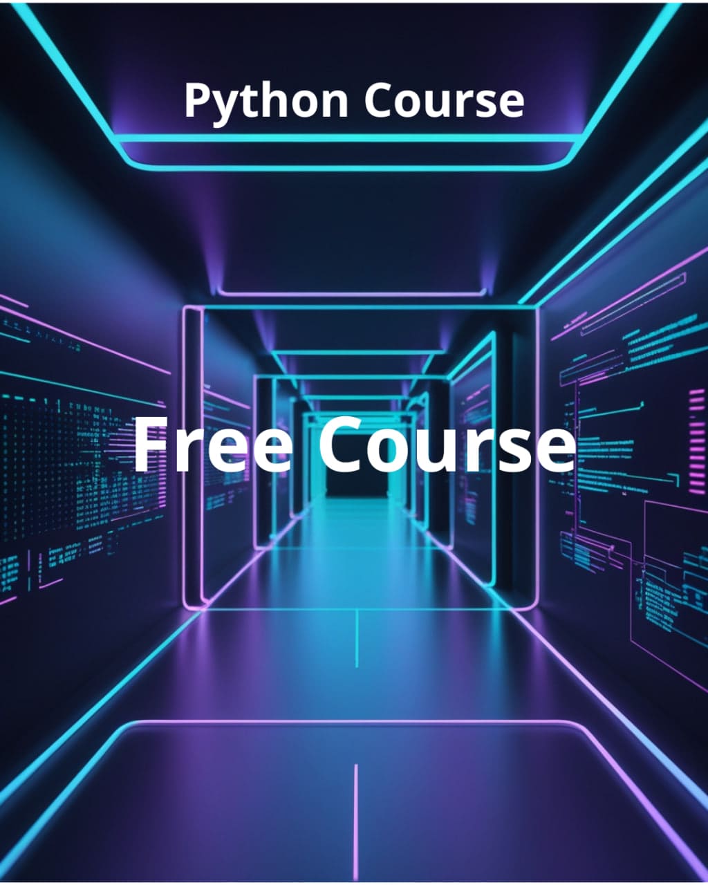 Neon-lit hallway with Python course text overlay