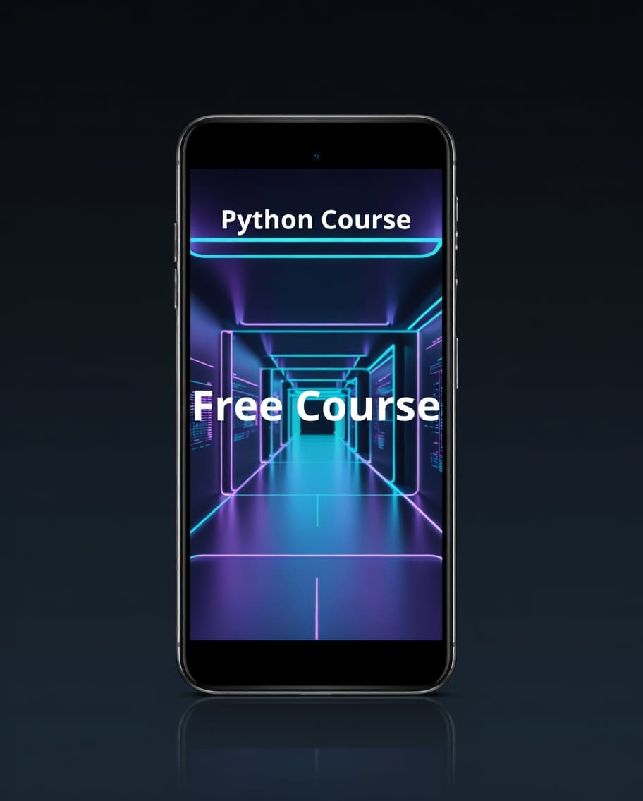 Phone displaying a Python course advertisement with a futuristic hallway design.