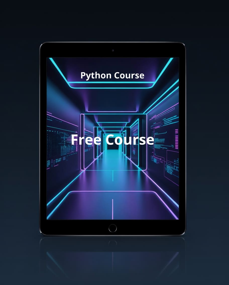 Tablet displaying a Python course advertisement with a futuristic corridor design.
