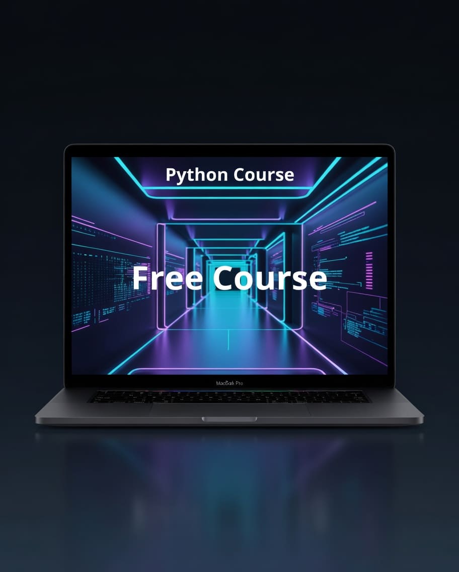 Laptop displaying a Python course advertisement with a futuristic tunnel design on the screen.