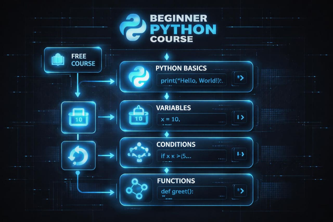 Beginner Python Course outline with blue glowing text on a dark background