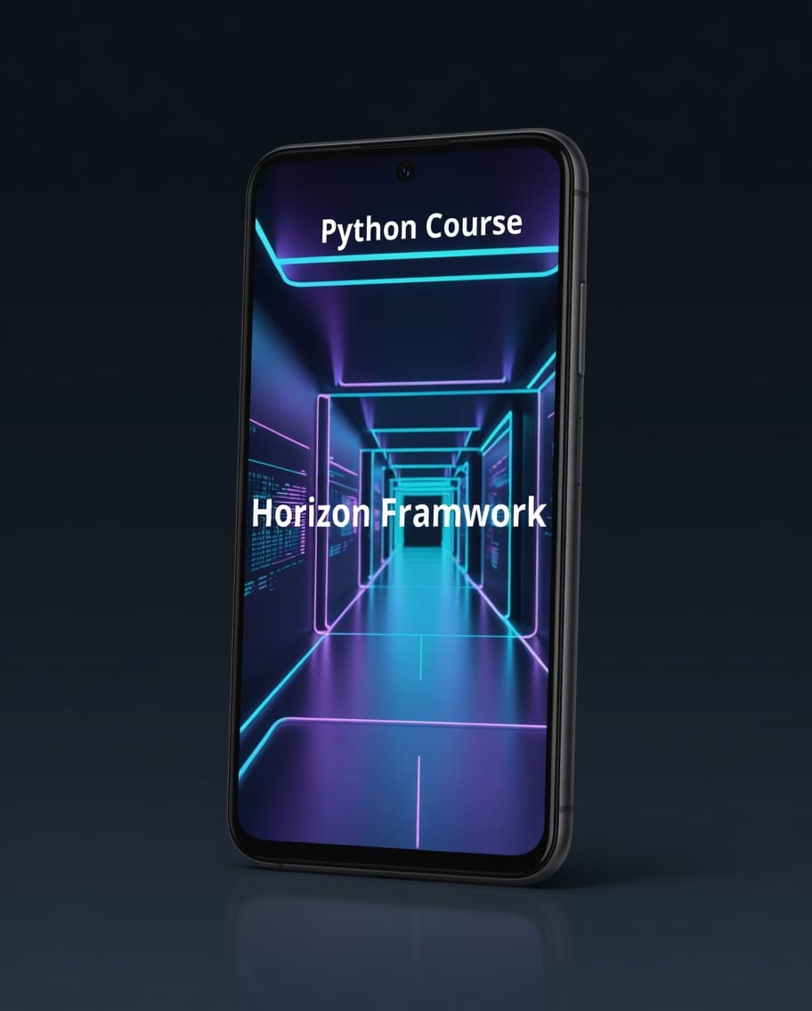 Phone displaying a Python course with 'Horizon Framework' on a dark background