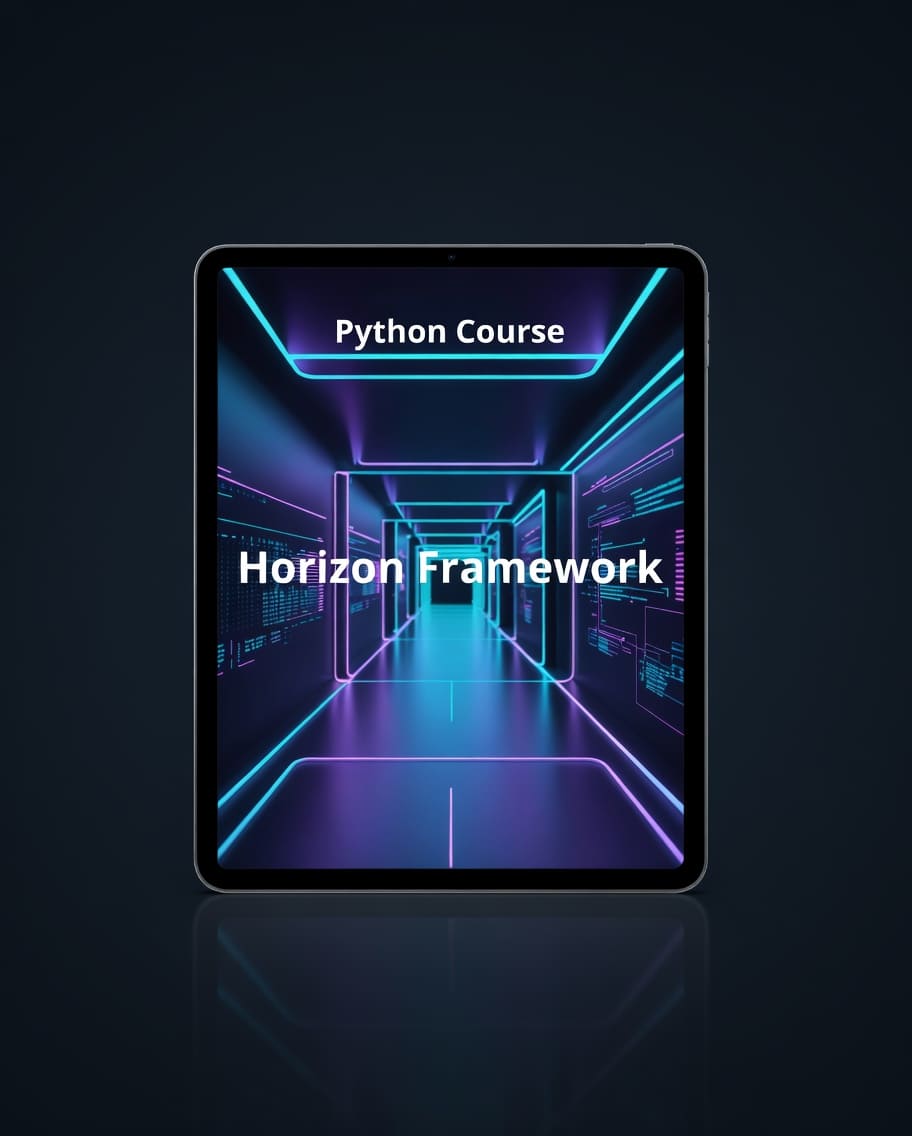 Tablet displaying 'Python Course Horizon Framework' on a dark background