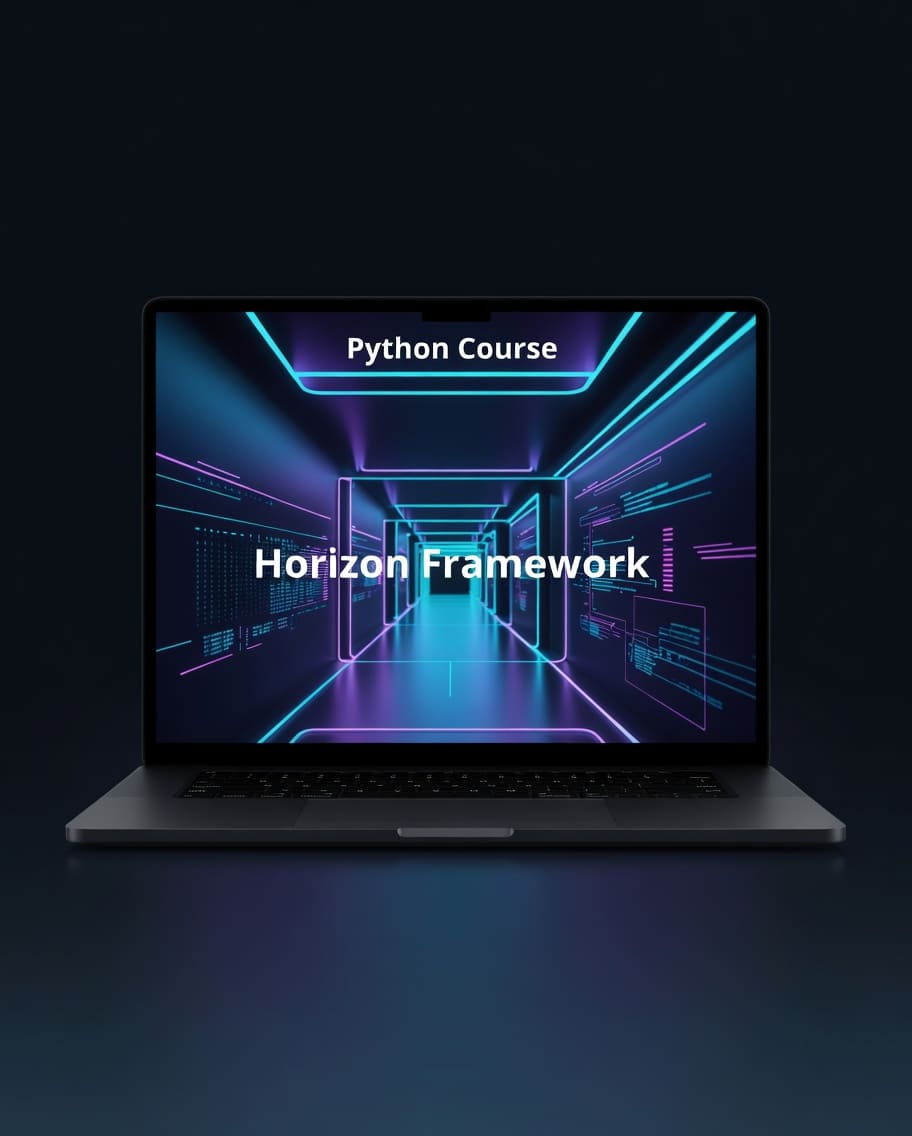 Laptop displaying 'Python Course' and 'Horizon Framework' on a dark background