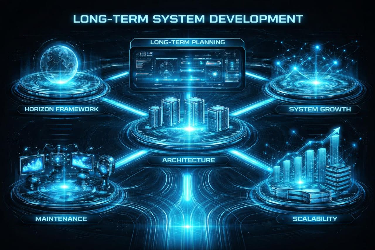 Diagram of long-term system development with futuristic elements on a dark background