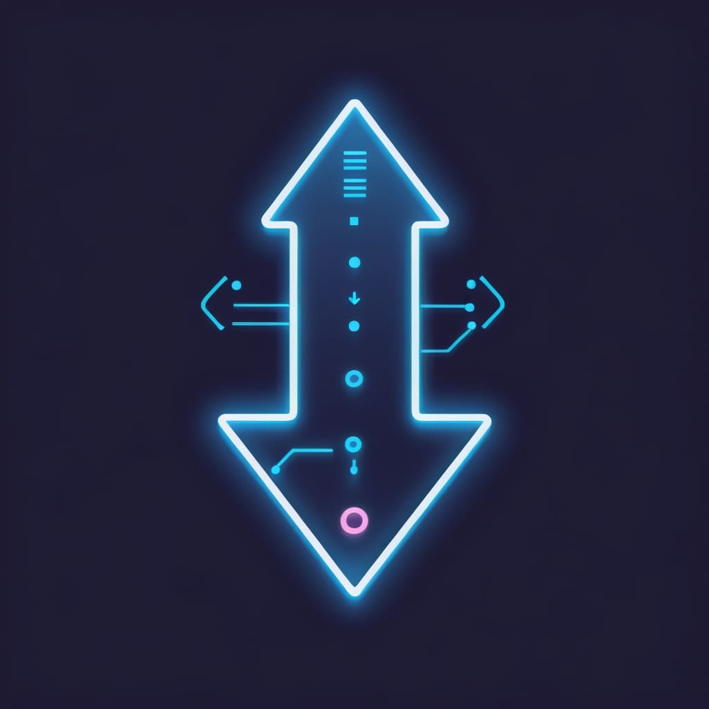 Neon blue and pink arrow symbol on a dark background