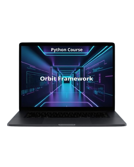 Laptop displaying a Python Course with 'Orbit Framework' on a dark background