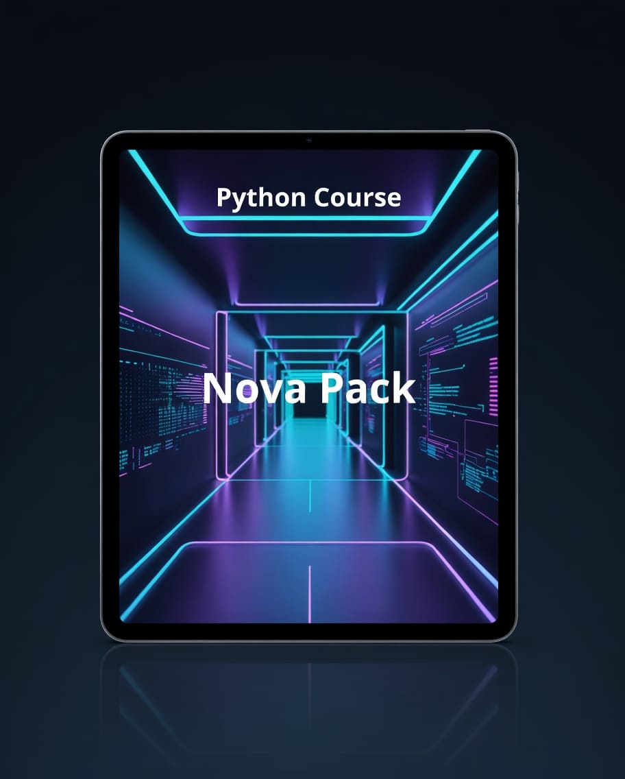 Tablet displaying a Python Course Nova Pack with a futuristic corridor design on a dark background