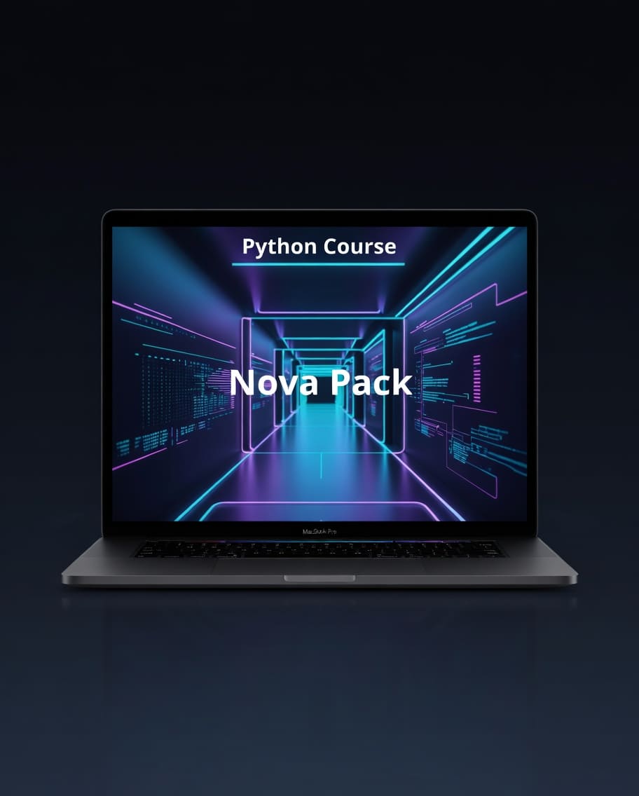 Laptop displaying a Python course with 'Nova Pack' on a dark background