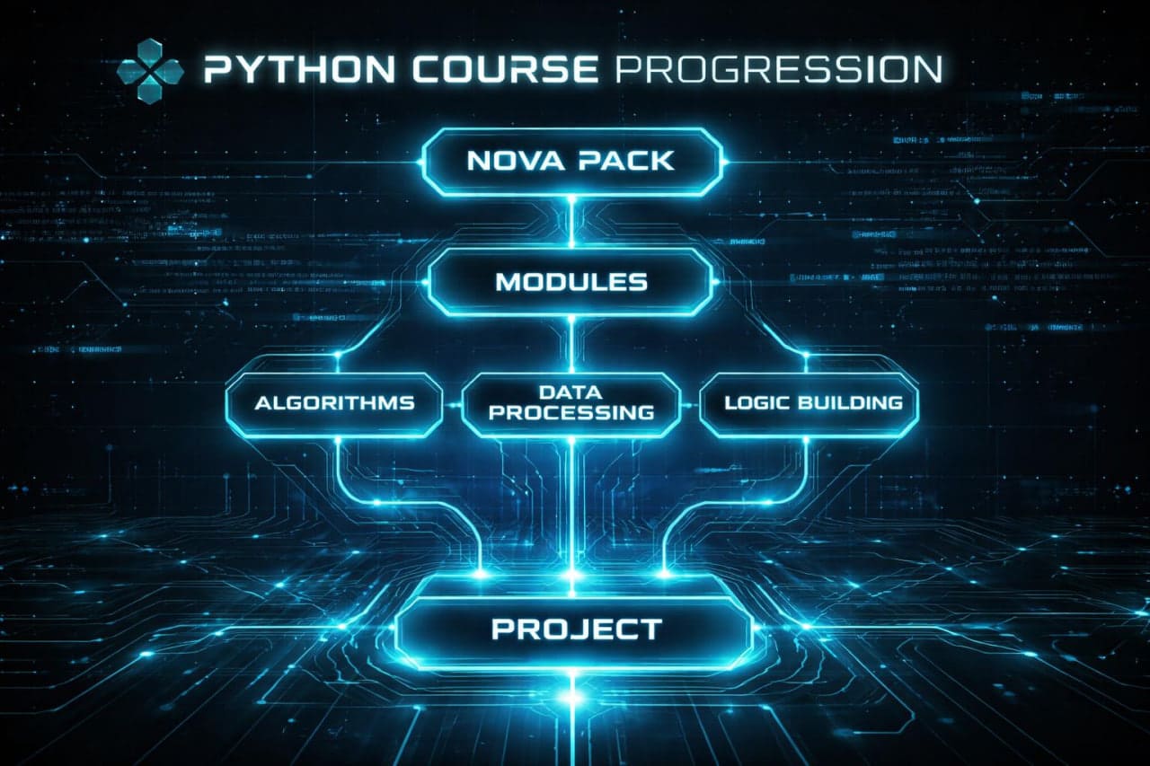 Diagram of Python course progression with 'Nova Pack' and educational components on a dark background.