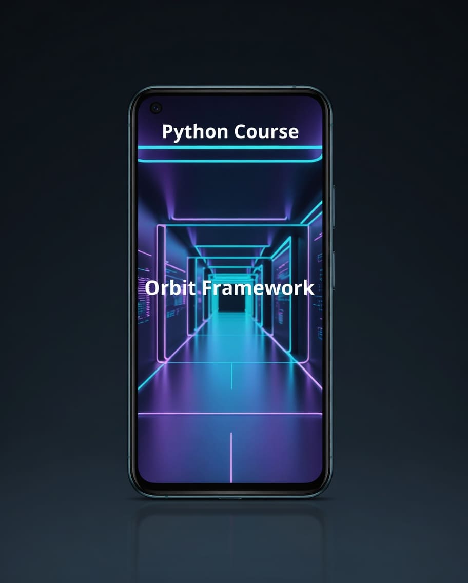 Phone displaying 'Python Course' and 'Orbit Framework' on a dark background