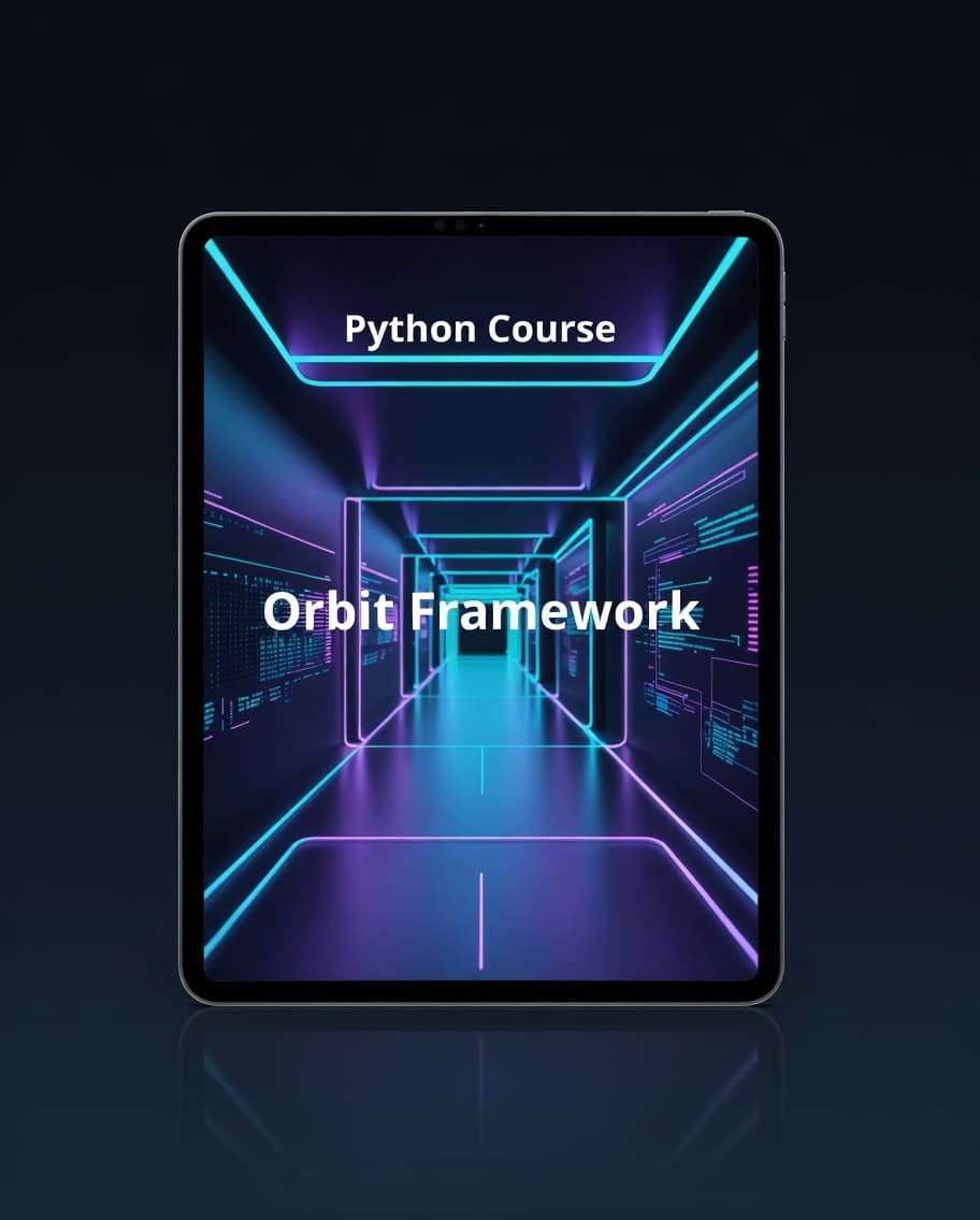 Tablet displaying a Python Course with 'Orbit Framework' on a dark background