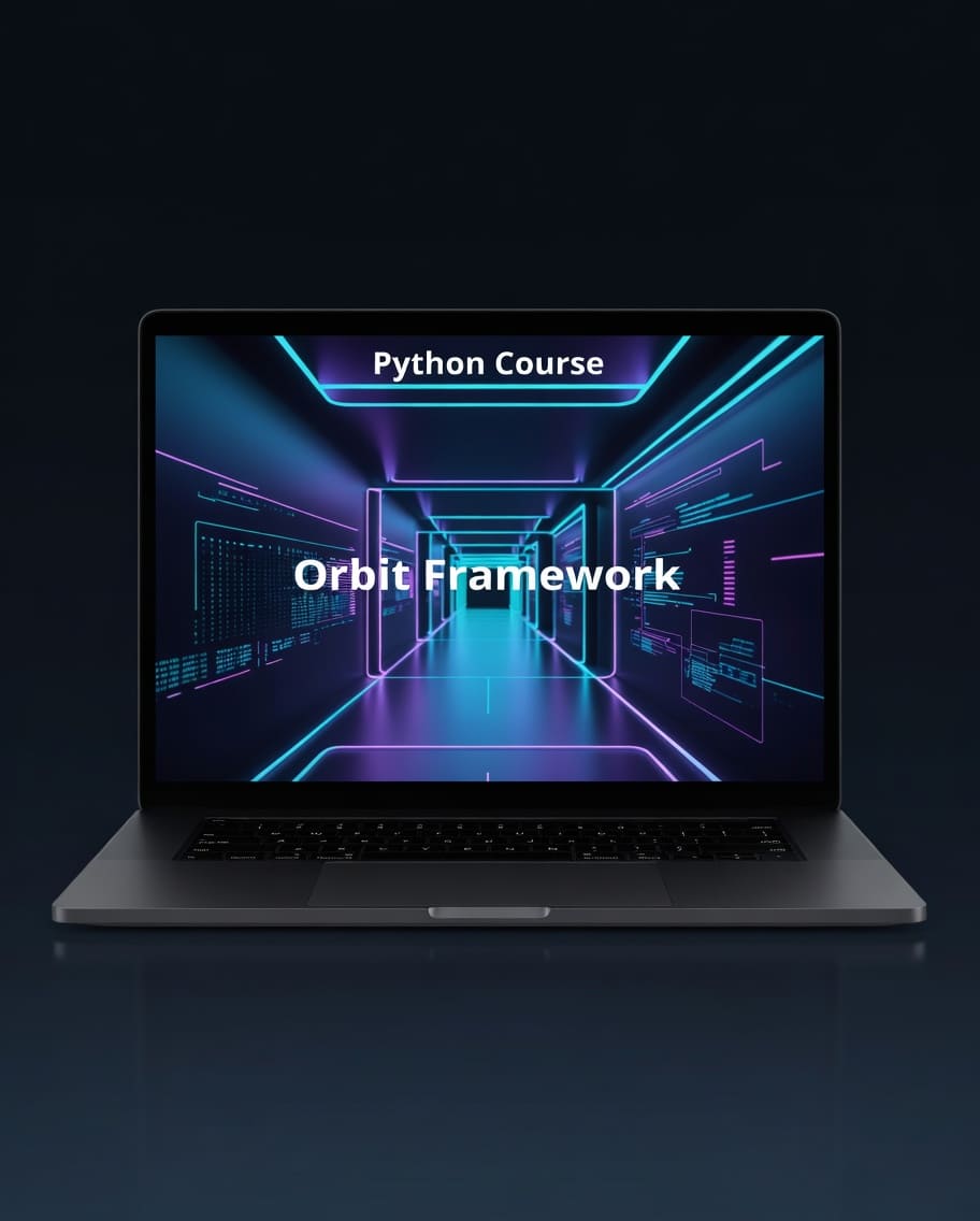 Laptop displaying a Python Course with 'Orbit Framework' on a dark background