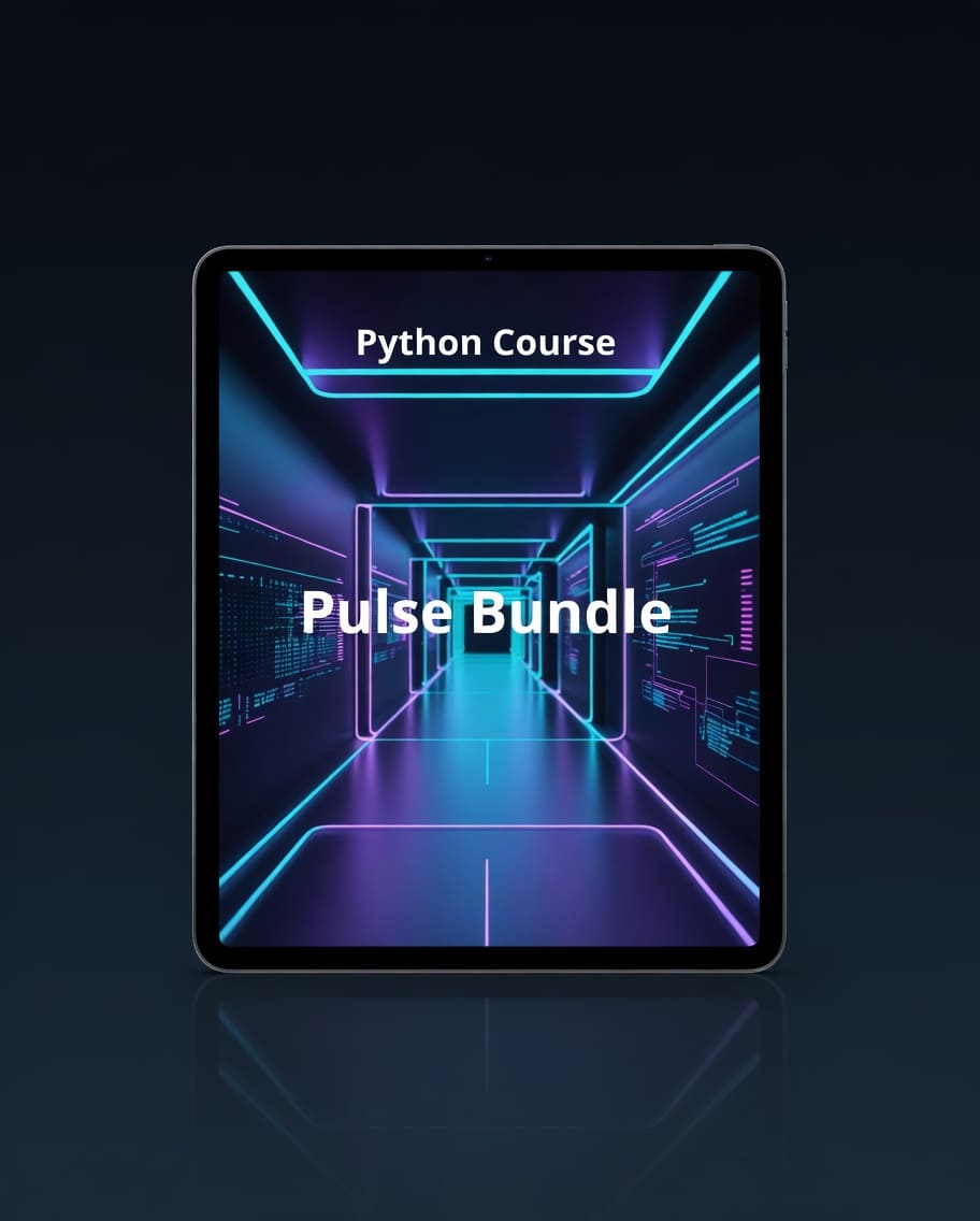 Digital tablet displaying a Python Course Pulse Bundle with a futuristic design on a dark background