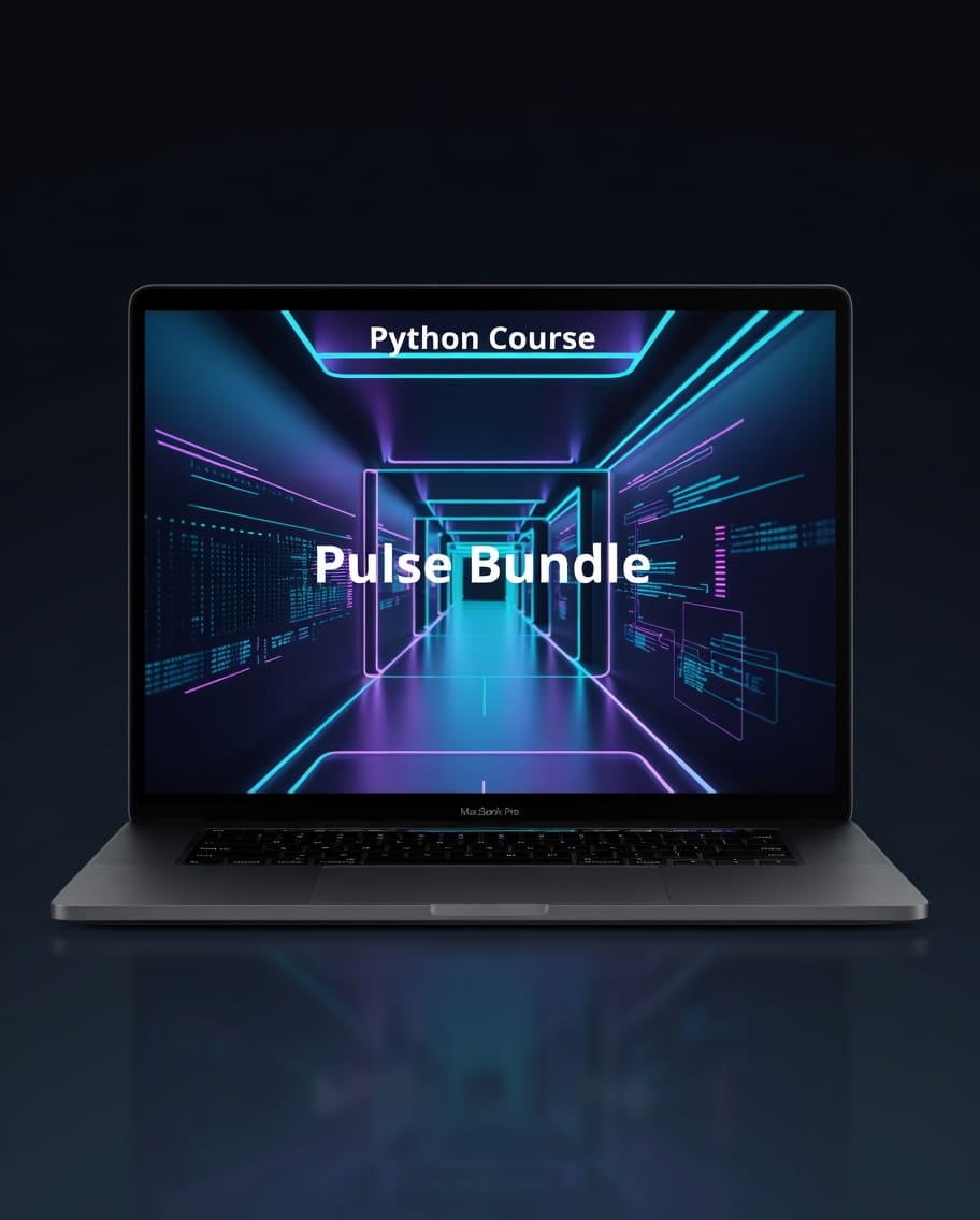 Laptop displaying a Python course with 'Pulse Bundle' text on a dark background