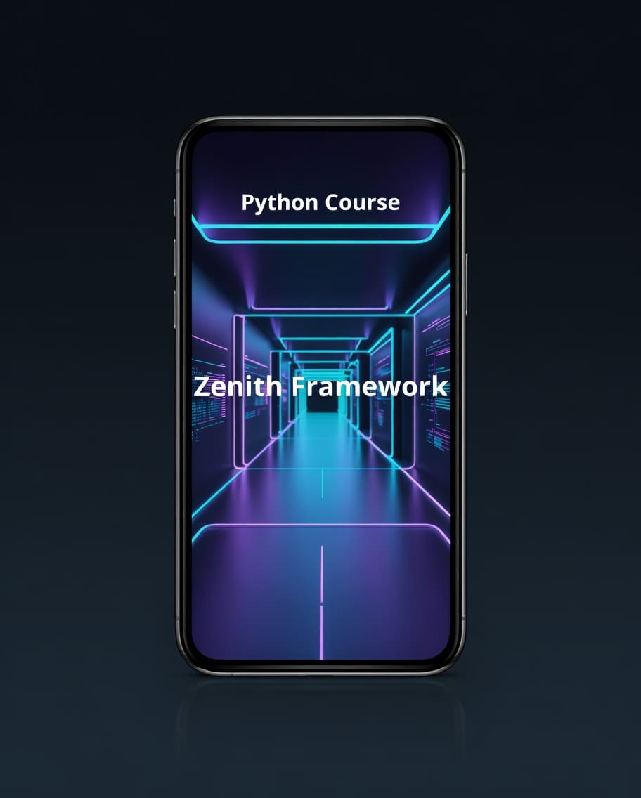 Phone screen displaying 'Python Course' and 'Zenith Framework' on a dark background