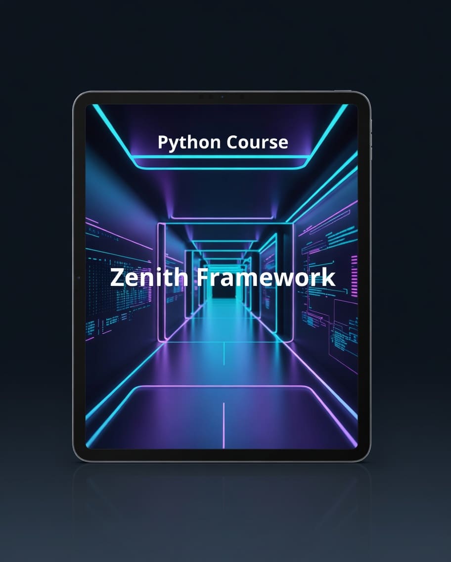 Tablet displaying a Python Course with Zenith Framework on a dark background