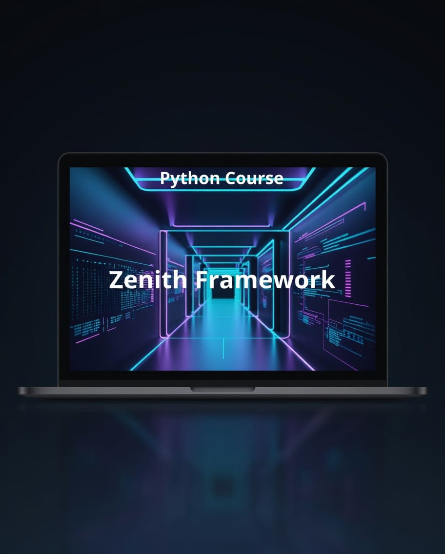Laptop displaying a Python Course with Zenith Framework on a dark background