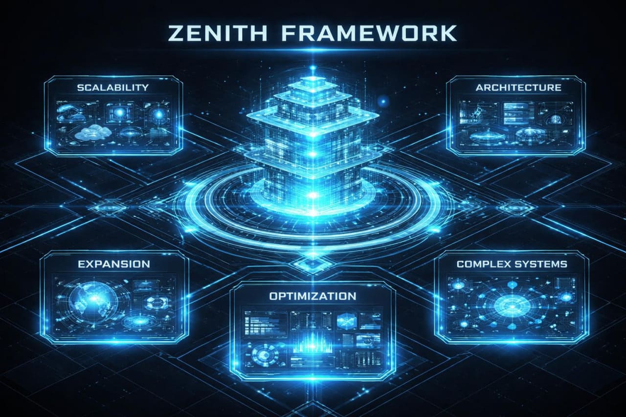 Holographic representation of the Zenith Framework with futuristic design elements on a dark background.